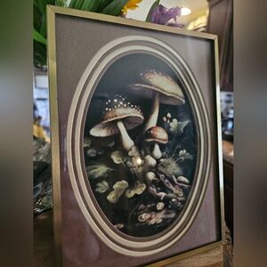 Vtg Brass Frame w/ Moody Dark Academia Mushroom Art Print. 6.25" x 8.25"